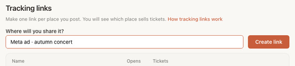 The tracking links page of an event, with the name typed and the Create link button