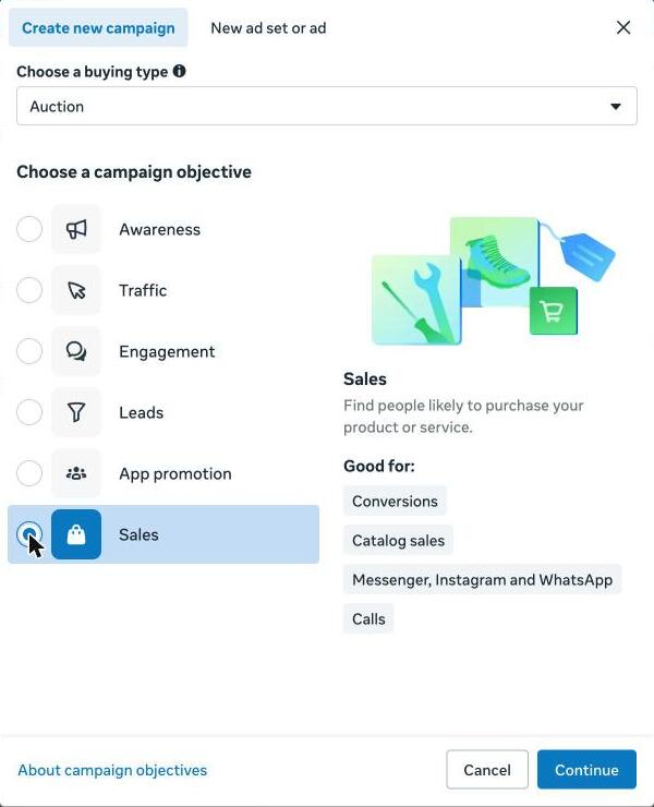 The Create new campaign dialog with the Sales objective selected