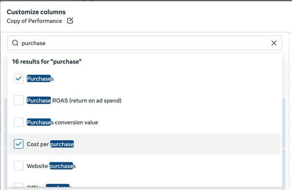 Customize columns with Purchases and Cost per purchase ticked